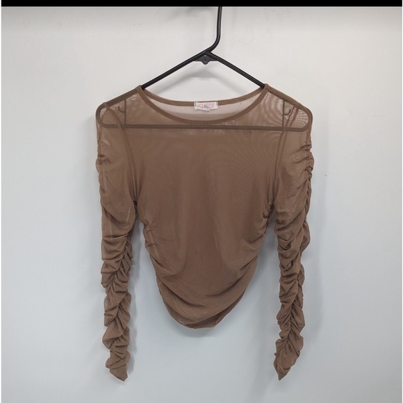 AGACI Women’s tan nylon crap‎ top with gathers sleeves Size small - Picture 1 of 7
